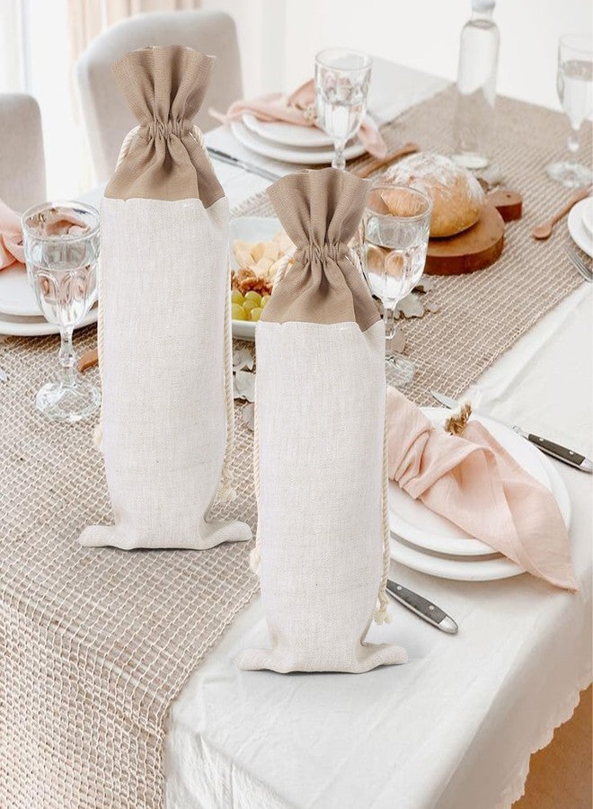 HSOFTIFY 4 Pcs 100% Linen Wine Bags with Drawstring 14” x 6.3” Wine Bottle Gift Wrapping for Party, Wedding, Christmas (Linen and Dark Khaki) - Image 3